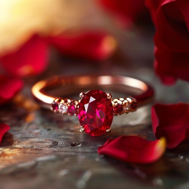 Photo a close up of a red diamond ring surrounded by petals generative ai