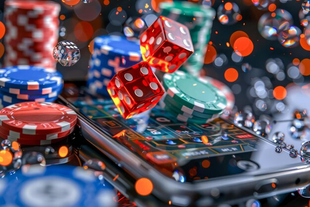 Photo close up of red dice and casino chips on a smartphone with digital interface online gambling concept