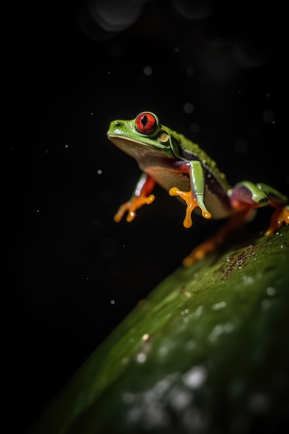 Close up of red eyed tree frog on leaf created using generative ai technology