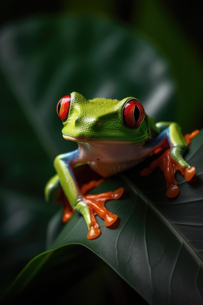 Close up of red eyed tree frog on leaf created using generative ai technology