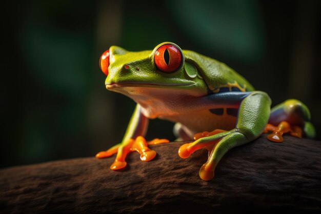 Close up of red eyed tree frog perched on branch created using generative ai technology