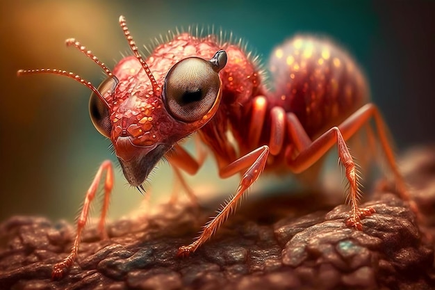 Крупный план красного огненного муравья на шероховатой поверхности в окружении расфокусированной среды