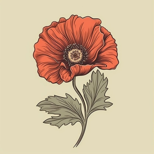 a close up of a red flower with leaves on a beige background generative ai