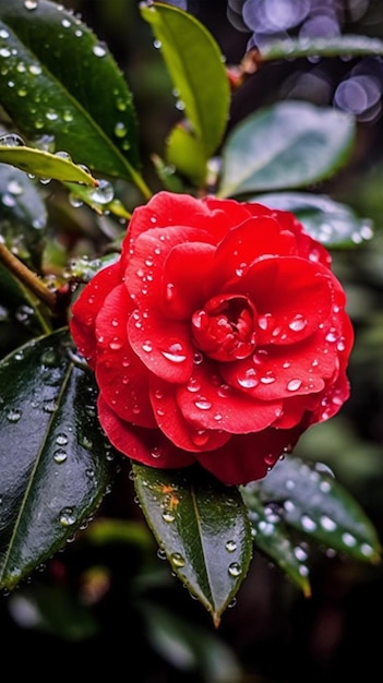 Крупный план красного цветка с каплями воды на нем генеративный ай