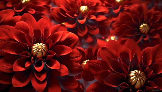 A close up of red flowers with yellow centers