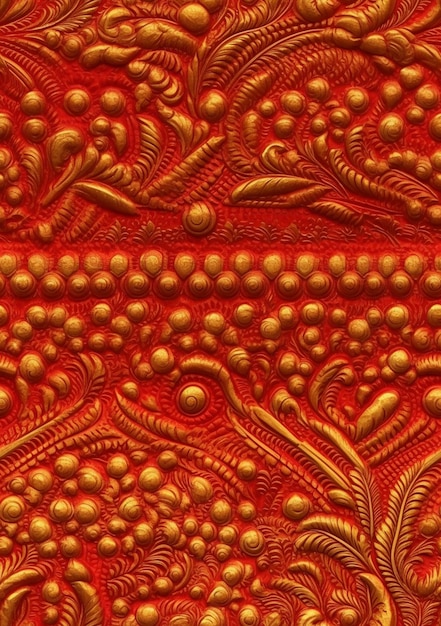 A close up of a red and gold cloth with a pattern of flowers generative ai