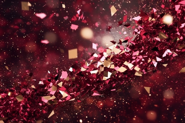 A close up of a red and gold confetti with a black background generative ai