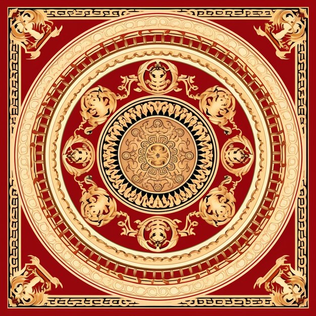 A close up of a red and gold rug with a medallion generative ai