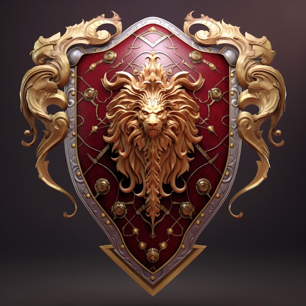 A close up of a red and gold shield with a lion head generative ai
