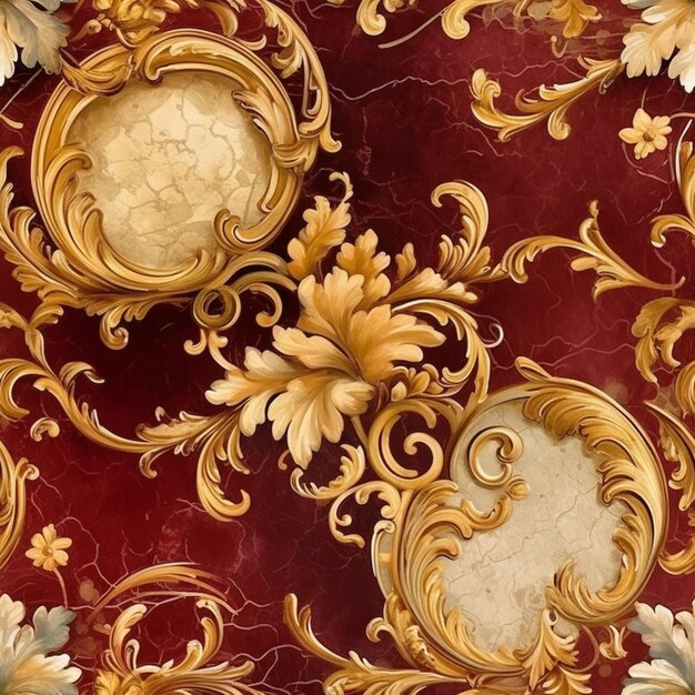 A close up of a red and gold wallpaper with a clock generative ai