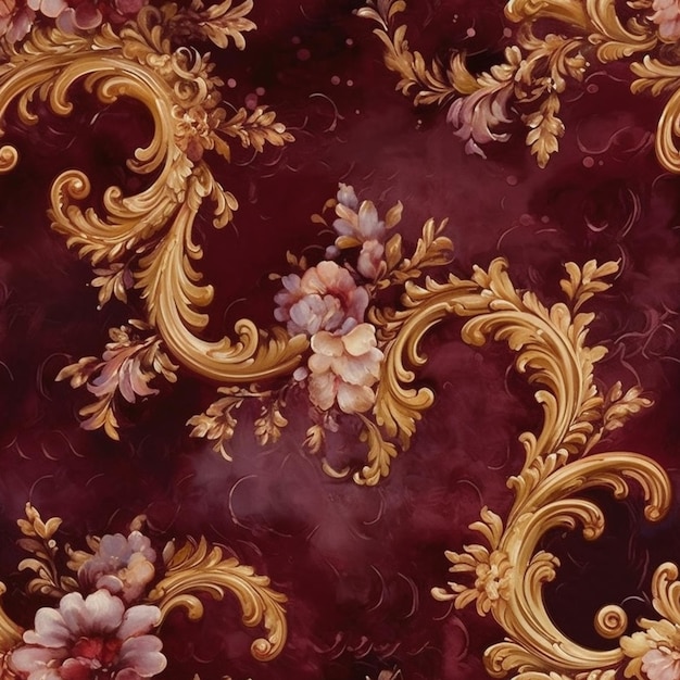 A close up of a red and gold wallpaper with flowers generative ai