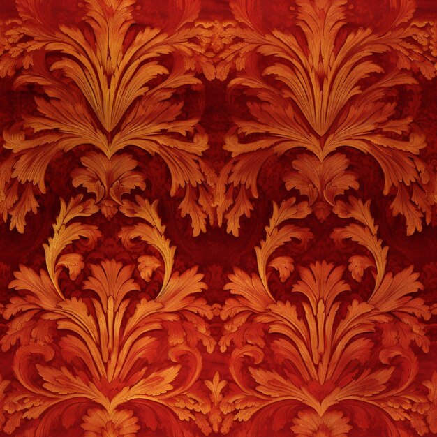 Photo a close up of a red and gold wallpaper with a pattern of leaves generative ai