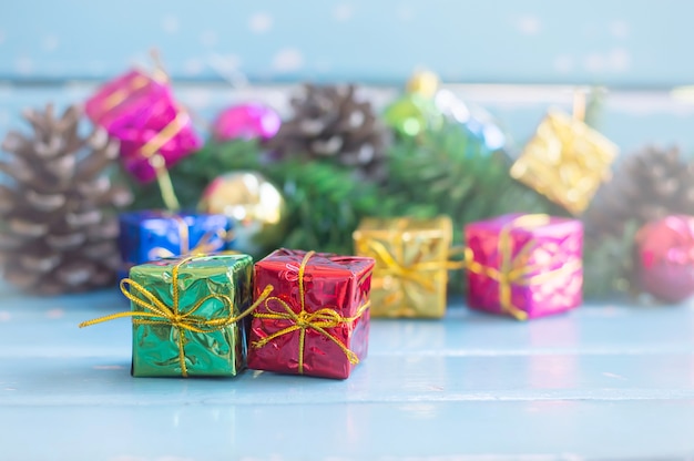 Close up of red and green gift box for Christmas or New Year decoration background