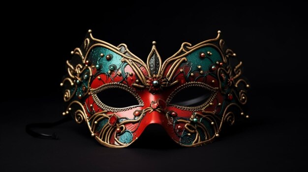 a close up of a red and green mask with gold decorations generative ai