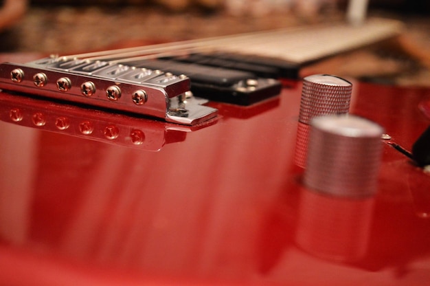 Close-up of red guitar