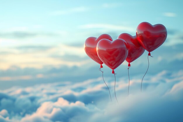 Близкие красные воздушные шары, плавающие над облаками.