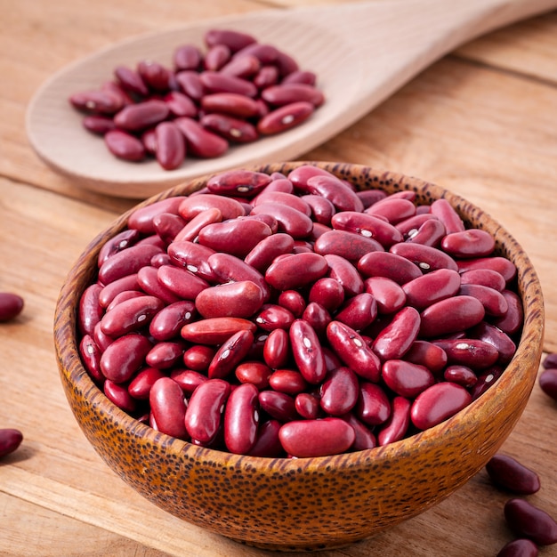 Close Up red kidney beans in wooden bowl 