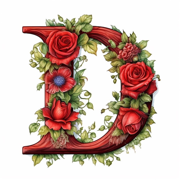 Крупный план красной буквы с цветами и листьями, генеративный ИИ