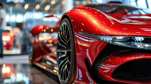 赤い豪華なスポーツカーのフロントビューのクローズアップ未来的なライトで自動車広告に最適です