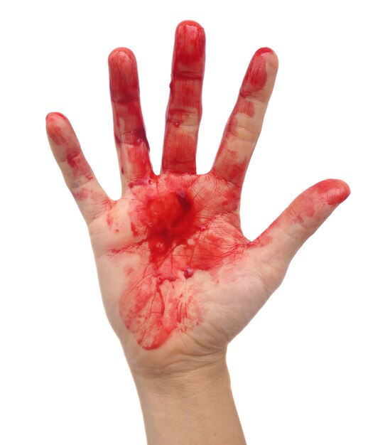 Photo close-up of red messy hand against white background