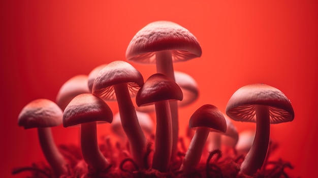 A close up of red mushrooms on a red background