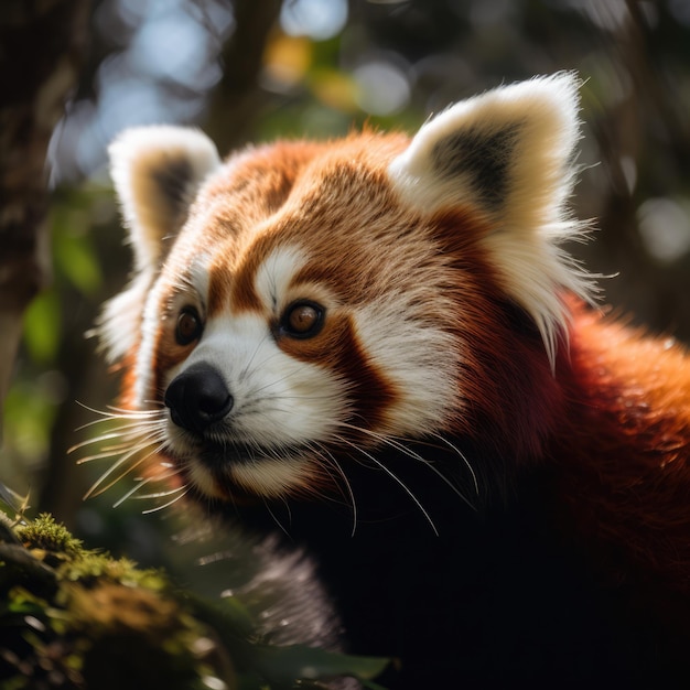 Близкий вид красной панды в лесу, созданный с использованием генеративной технологии искусственного интеллекта