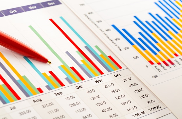 Крупный план красной ручкой на бизнес-графиках и диаграммах на столе.