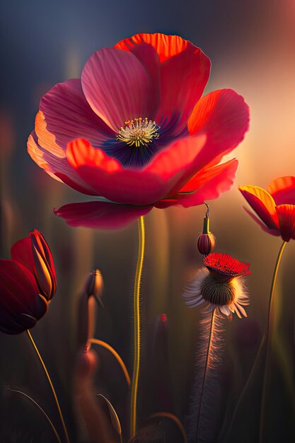 Close up of red poppy flowers in a field