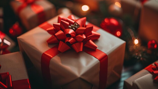 Close up di una scatola regalo rossa con un fiocco bianco in cima al giorno dell'amiccia