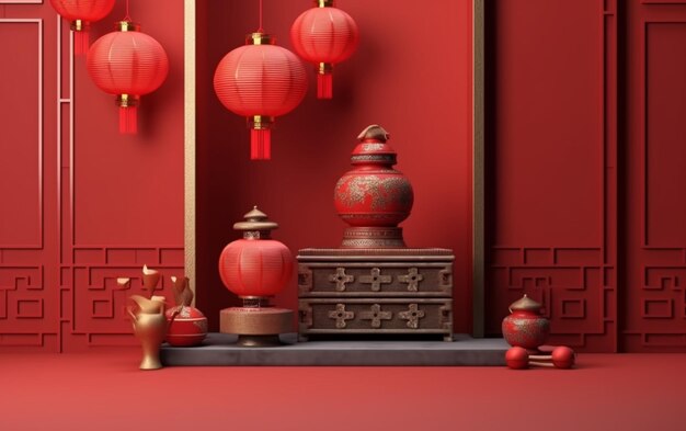 A close up of a red room with oriental decorations and a red wall generative ai