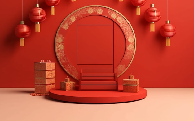 A close up of a red room with a red round mirror and presents generative ai