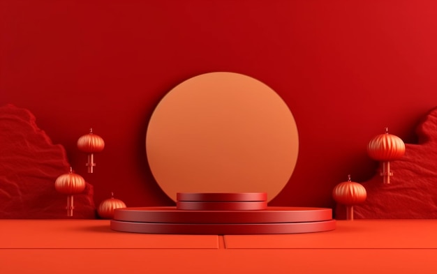 A close up of a red room with a round mirror and lanterns generative ai