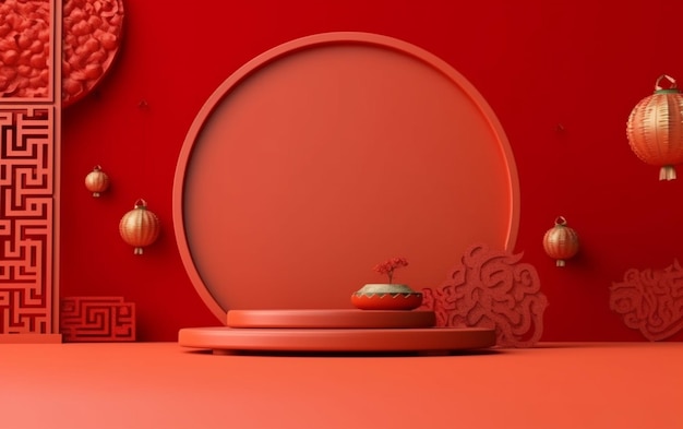 a close up of a red room with a round mirror and a red table generative ai