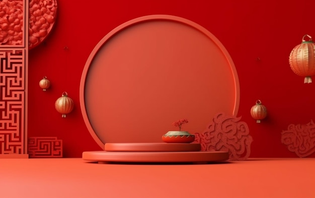 A close up of a red room with a round mirror and a red table generative ai