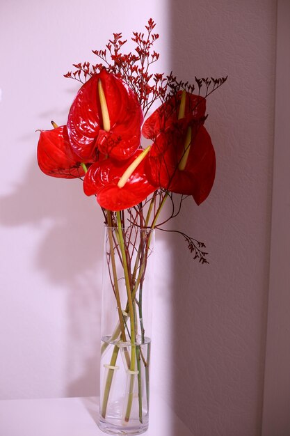 Close-up of red rose flower vase on table