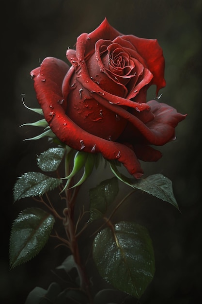 Close up of red rose flower with water droplets on it generative ai