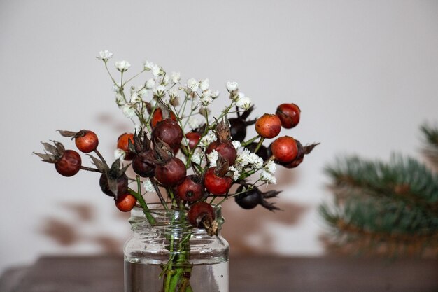 Photo close-up of red rose hips on glass table