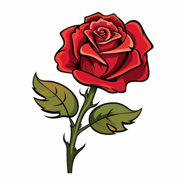 a close up of a red rose with green leaves on a white background generative ai