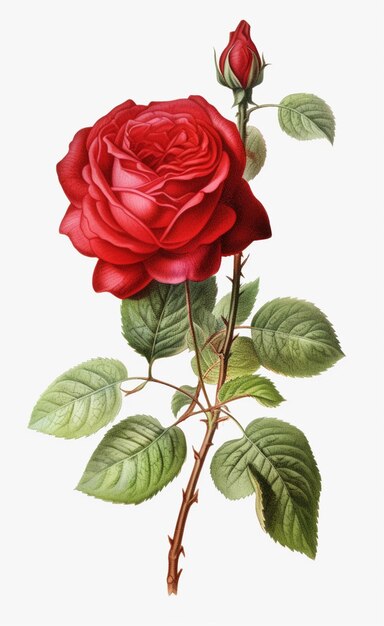 Photo a close up of a red rose with green leaves on a white background generative ai