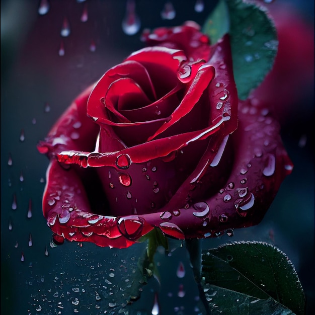 A close up of red rose with water droplets on it generative ai