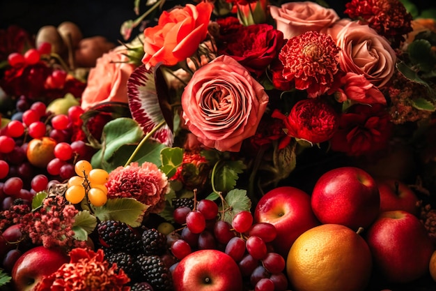 A close up of red and roses