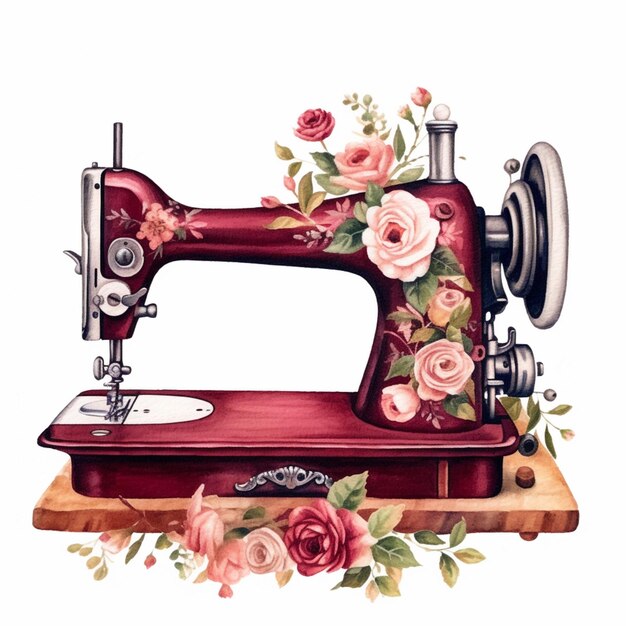 a close up of a red sewing machine with flowers on it generative ai