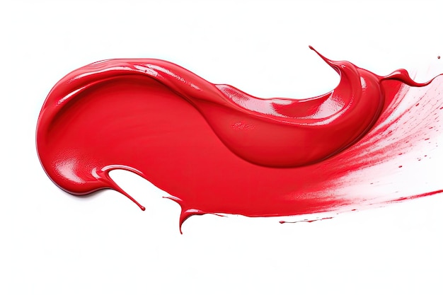 Close up of a red smudged lipstick isolated on a white background resembling a brushstroke with crea