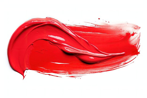 Close up of a red smudged lipstick isolated on a white background resembling a brushstroke with crea