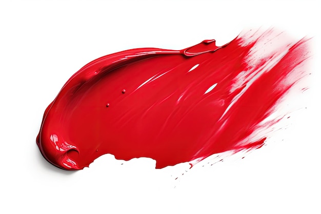 Крупный план красной размазанной помады, выделенной на белом фоне, напоминающей мазок кистью с кремом.
