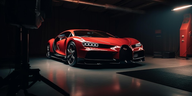 A close up of a red sports car in a dark room generative ai