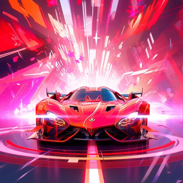 A close up of a red sports car driving on a track generative ai