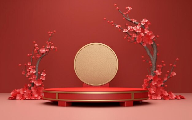 A close up of a red stage with a gold circle on it generative ai