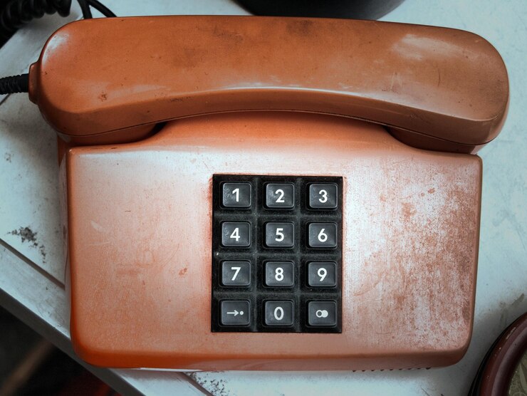Photo close-up of red telephone on table