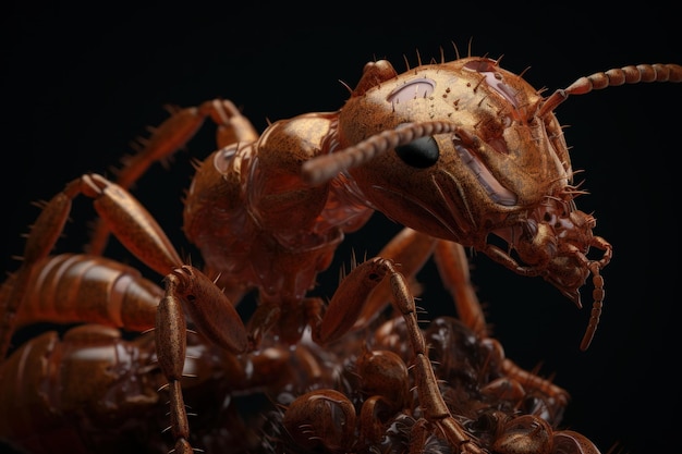 A close up of a red termite ant with a black background